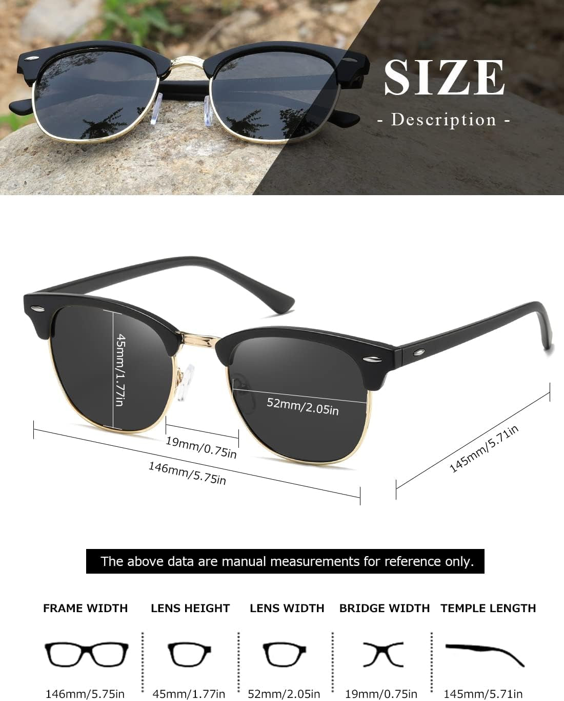 Polarized Semi-Rimless Retro Sunglasses UV Protection Shades