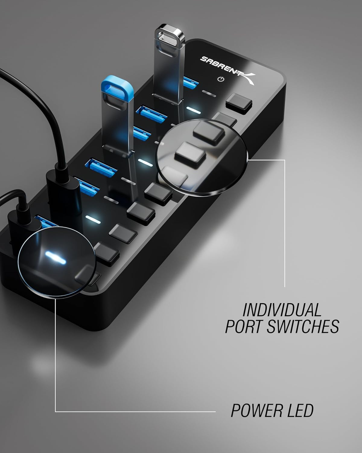 10-Port USB 3.0 Hub with Power Adapter – High-Speed Data Transfer Hub with Individual Switches