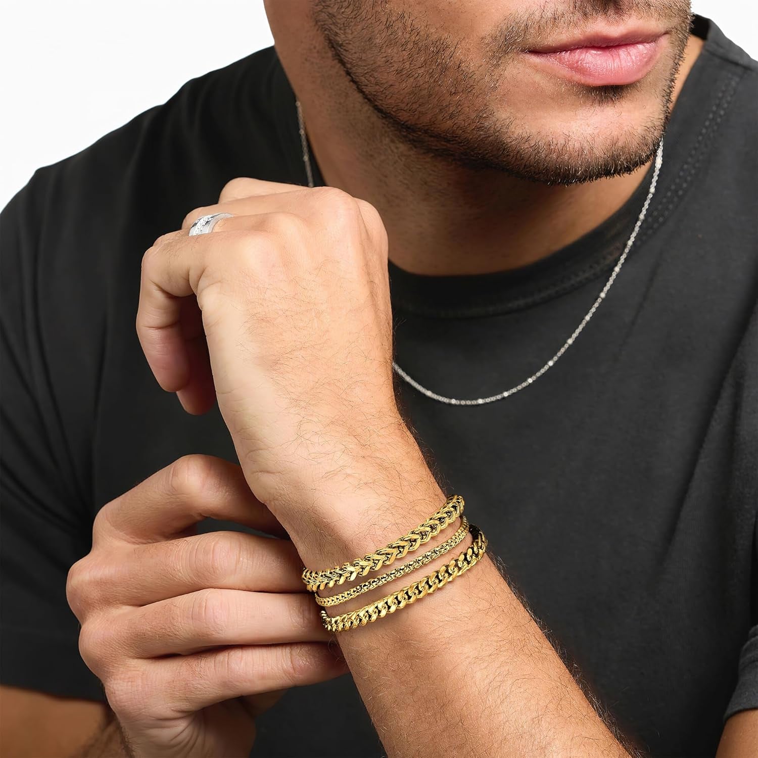 DAYANEY Men’s Gold & Silver Bracelet Set – Stainless Steel Cuban Chain Bracelets, Adjustable & Waterproof