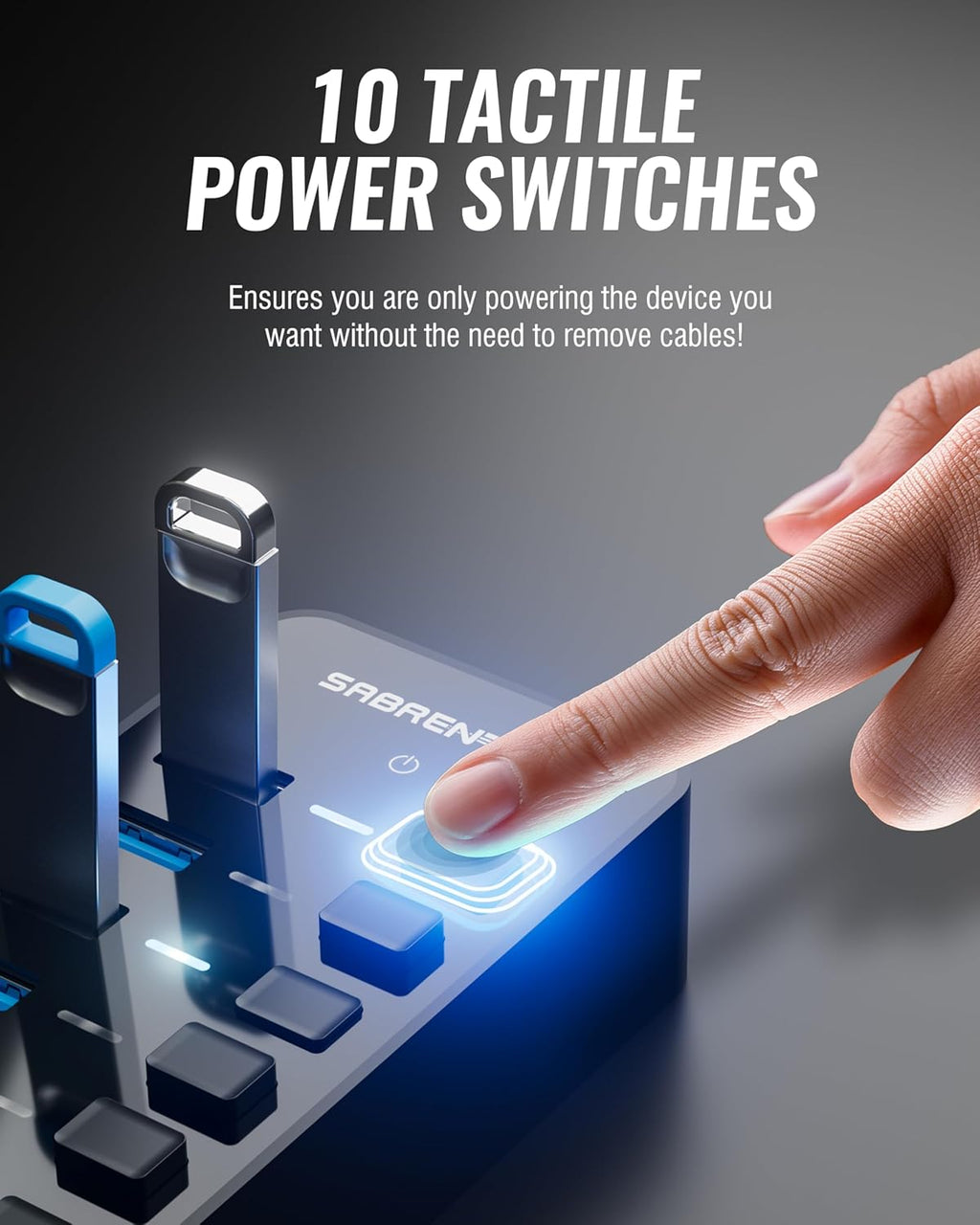 10-Port USB 3.0 Hub with Power Adapter – High-Speed Data Transfer Hub with Individual Switches
