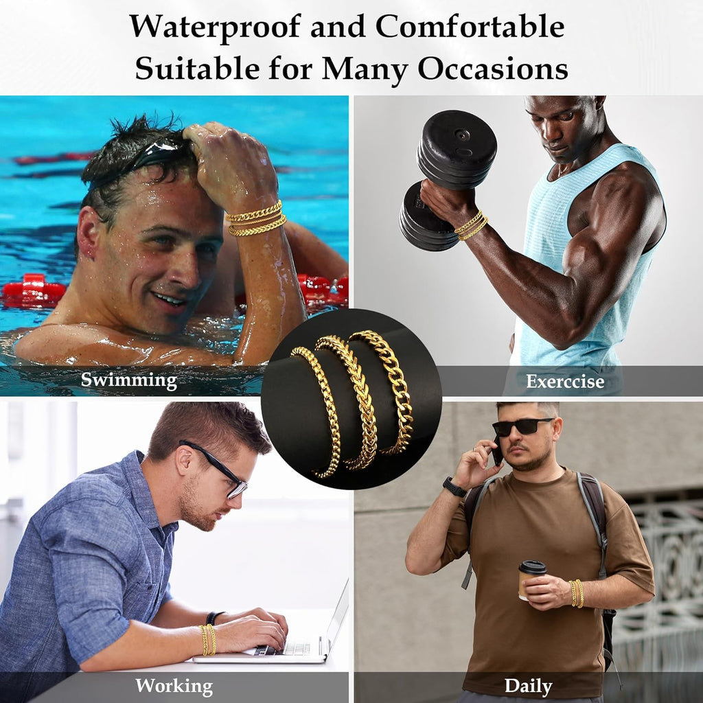 DAYANEY Men’s Gold & Silver Bracelet Set – Stainless Steel Cuban Chain Bracelets, Adjustable & Waterproof