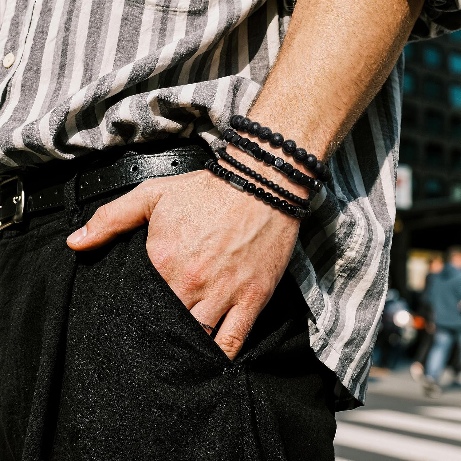 Lameybrt Multi Tiger Eye, Matte Agate & Lava Rock Bracelet Set