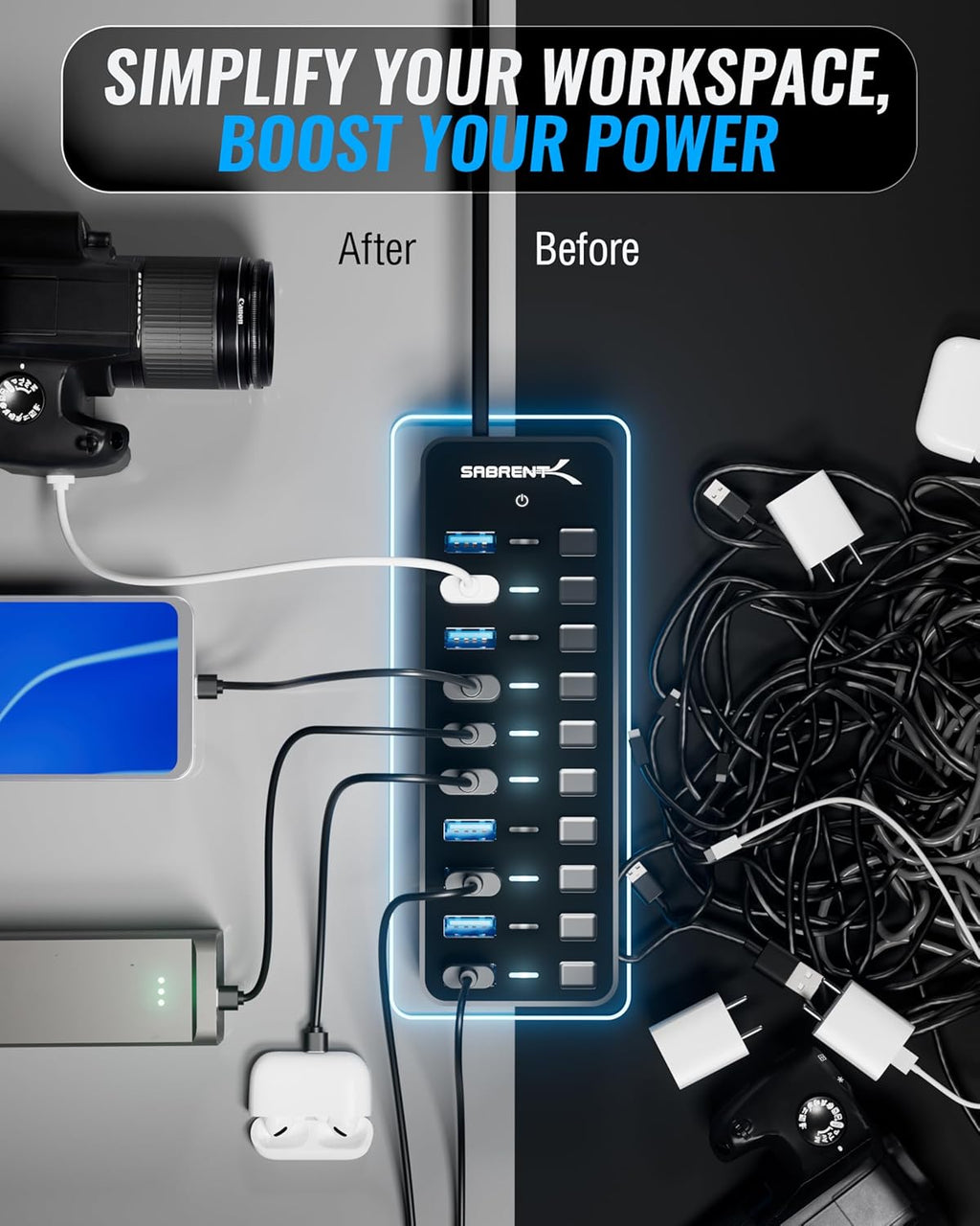 10-Port USB 3.0 Hub with Power Adapter – High-Speed Data Transfer Hub with Individual Switches