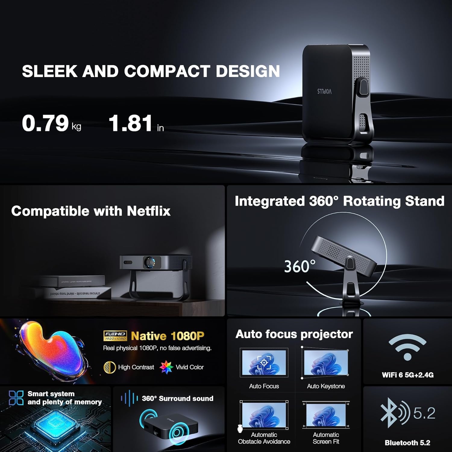 VOPLLS Smart Mini Projector – Native 1080P WiFi Bluetooth Portable 4K Support Home Theater Projector